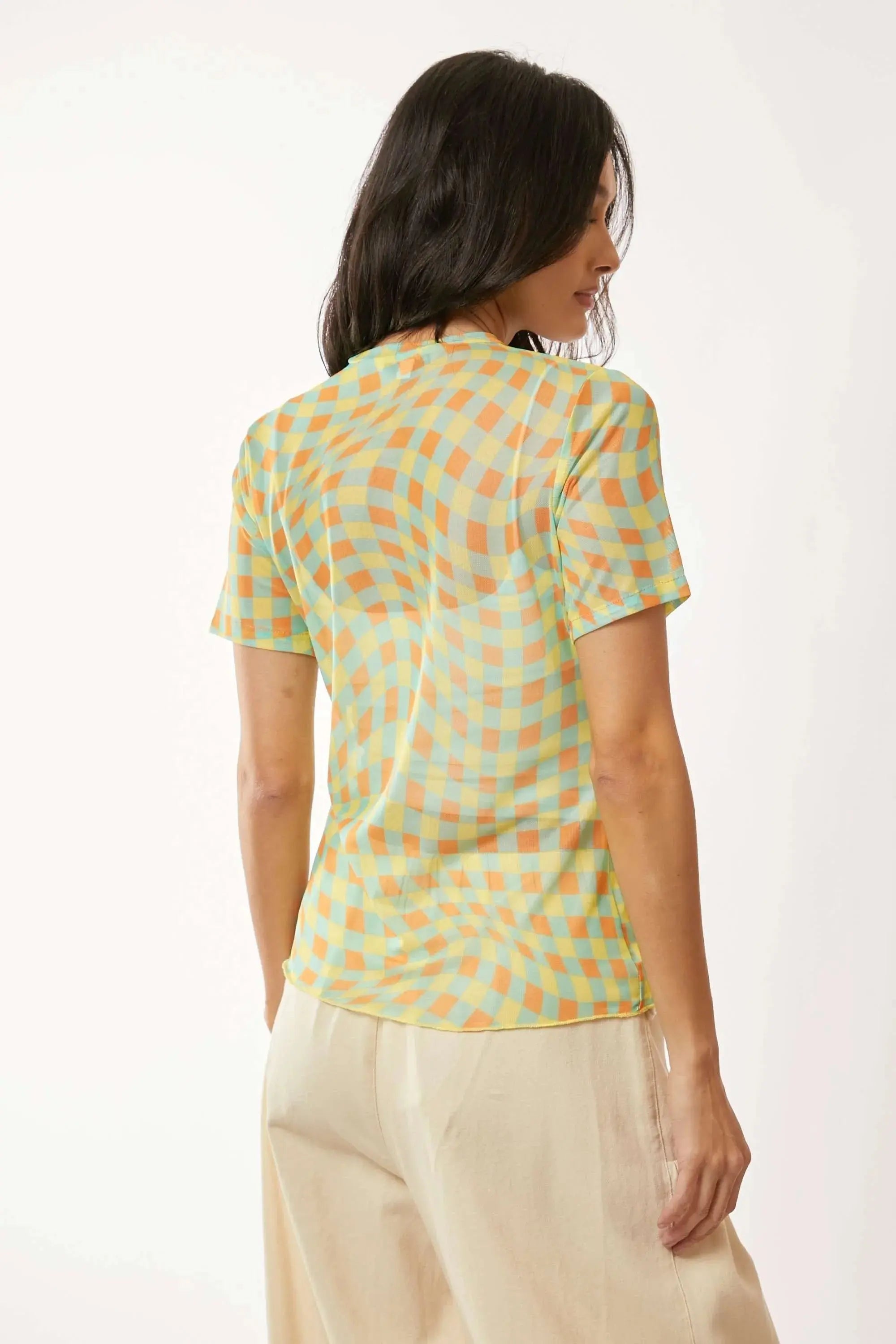 Davi & Dani Checker Board Printed Mesh Short Sleeve Top - Love Salve